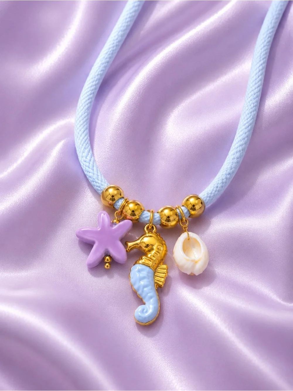 Seahorse Blue Cord Purple Star Necklace